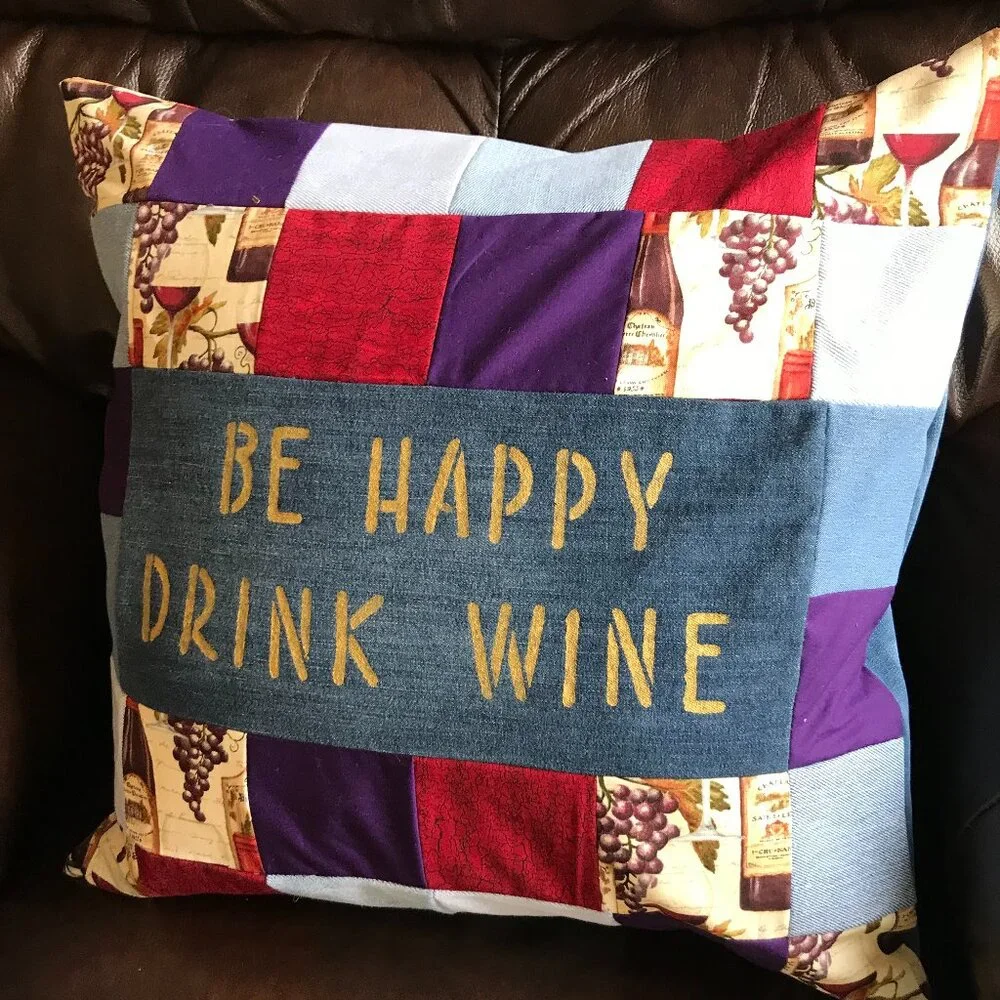 Wine Pillow Cover, 18 x 18, Handmade Vino Home Decor Patchwork Recycled Fabric